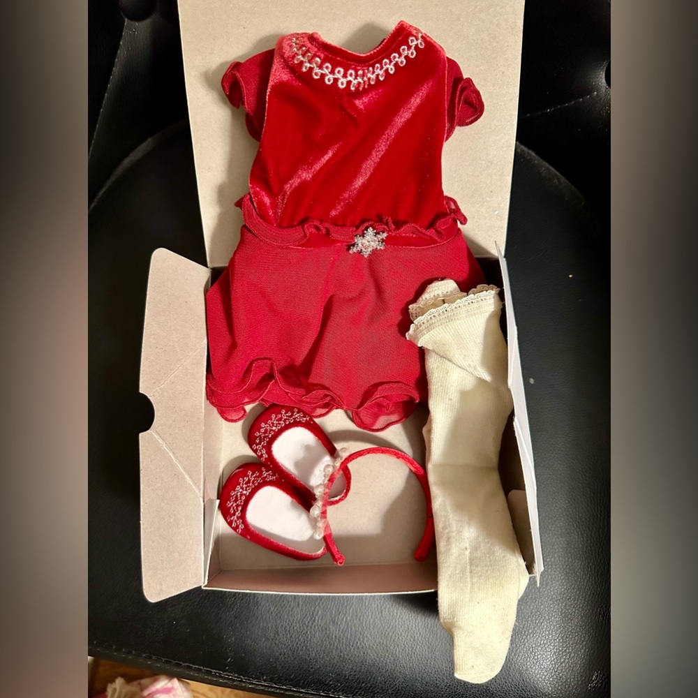American Girl Merry & Bright Outfit: Dress, shoes, headband, tights, in box.